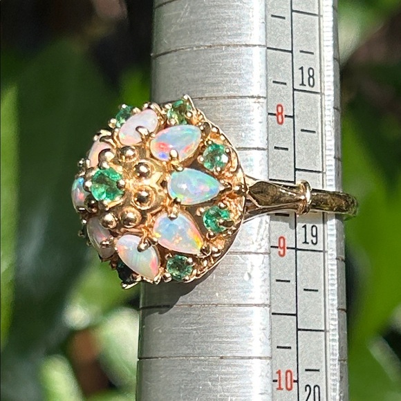 14K Yellow Gold “FM” Natural Fiery Opals & Green Emeralds Ring - Picture 8 of 9